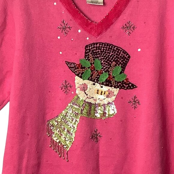 Vtg Quacker Factory Pink V-Neck Snowman Sequin Sweater Women Large Cotton Blend - Picture 2 of 8